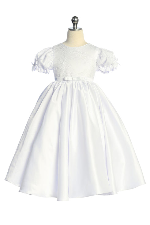Girls White Babydoll Embroidered Puff Sleeve Satin Communion Dress 6-16